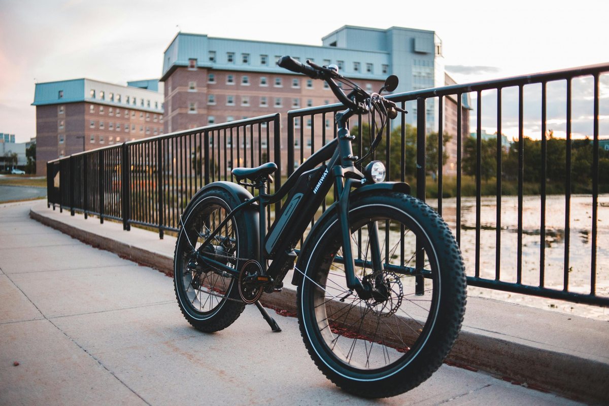 E-Bike mit sichtbarem Akku, Rahmen und breiten Reifen